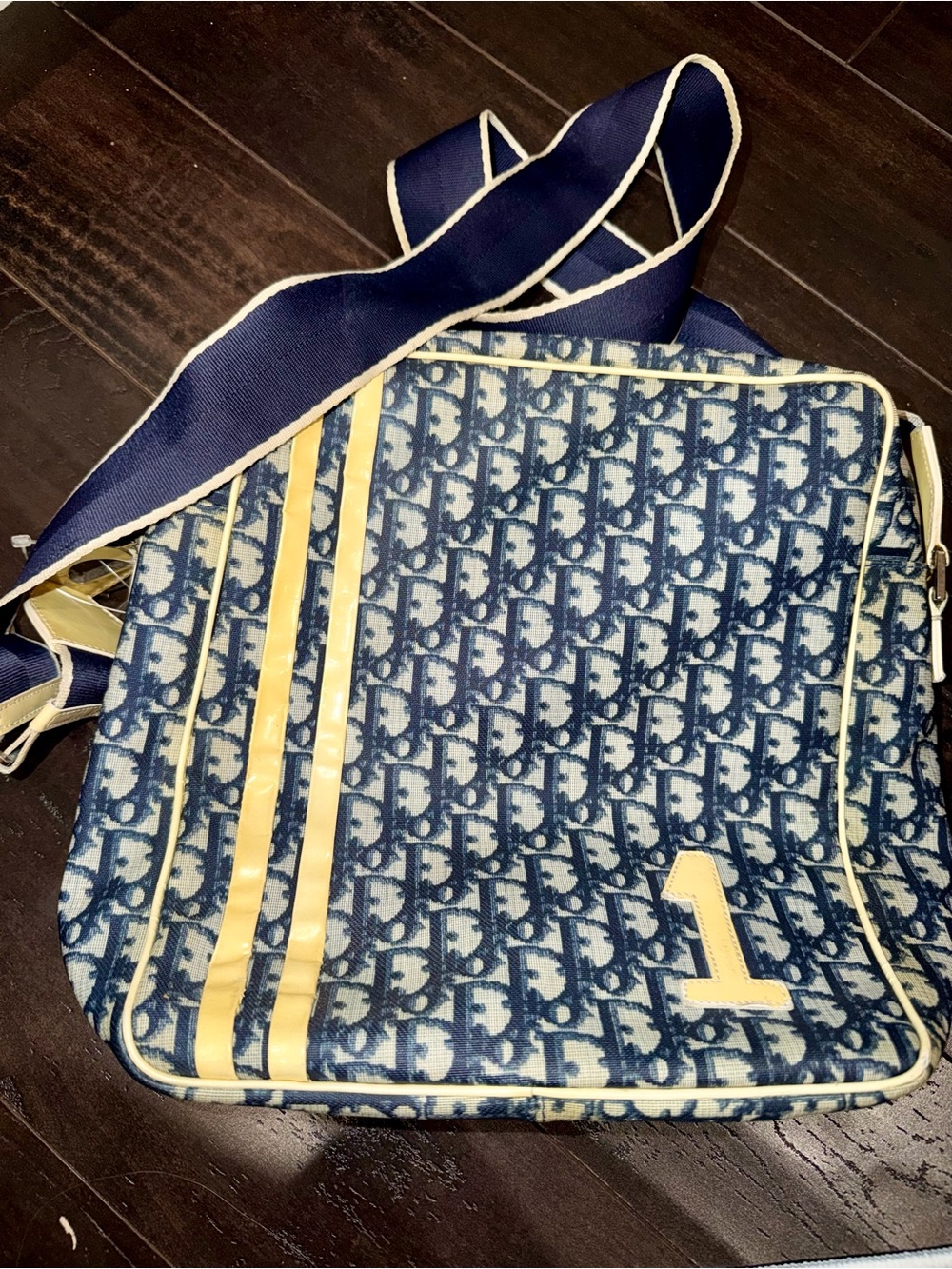 Vintage Christian Dior Trotter Vinyl Messenger Navy and Cream Bag